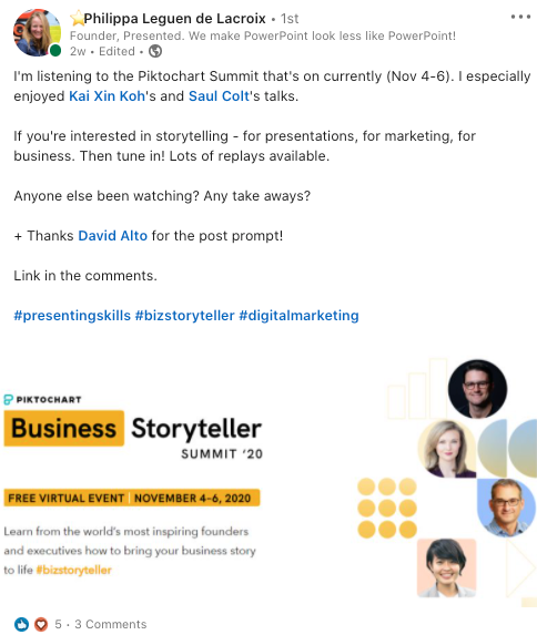 Business Storyteller Summit feedback on LinkedIn